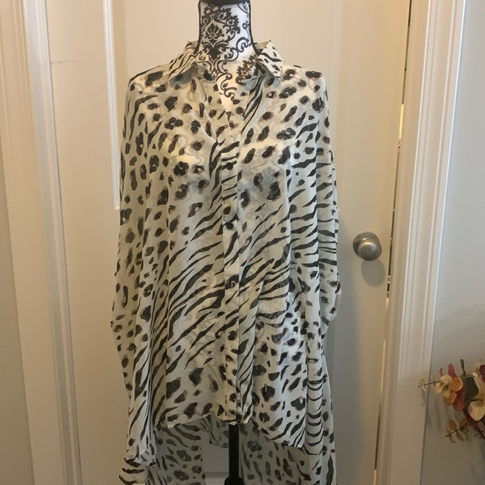 NWOT.  Woman’s sheer short sleeve cocoon style top with hi/lo hemline.